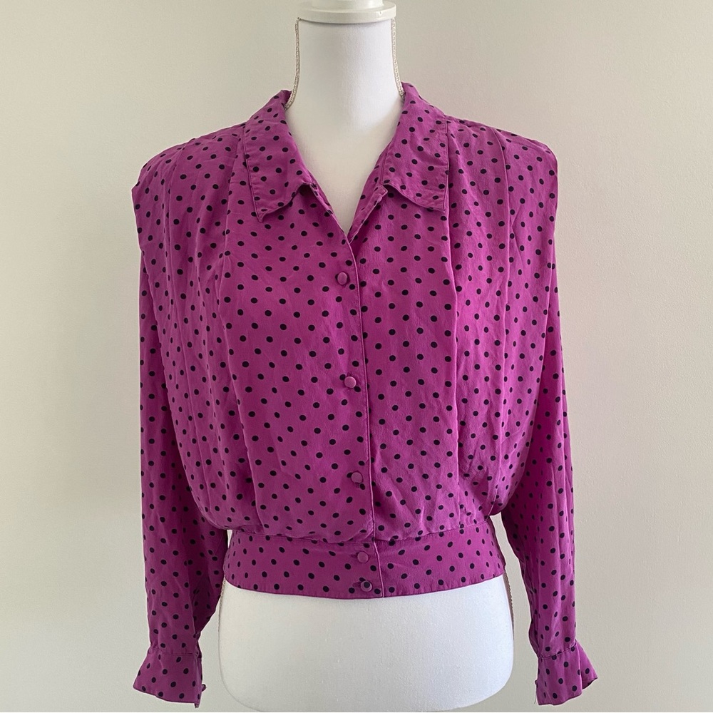 I.B. Diffusion 100% Silk Polka Dot Pleated Blouse Button Down